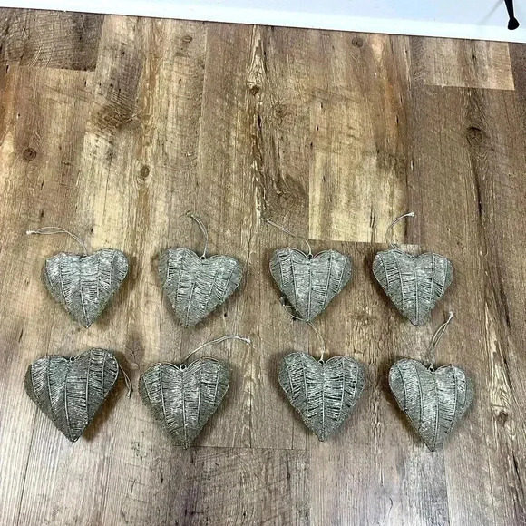 Pottery Barn Heart Beaded Christmas Holiday Ornament Set of 8 Silver Tone - Picture 1 of 9
